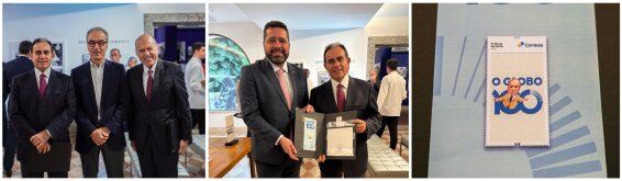 Registro do lançamento do selo dos 100 anos de O Globo, em julho de 2025. João Roberto Marinho, Paulo Tonet e Frederic Kachar estavam entre os participantes. Fotografia de arquivo, sem relação com o almoço de outubro de 2026.